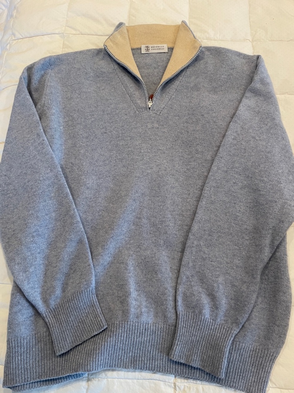 Brunello Cucinelli Light Blue Half-Zip Sweater with Beige Contrast Collar